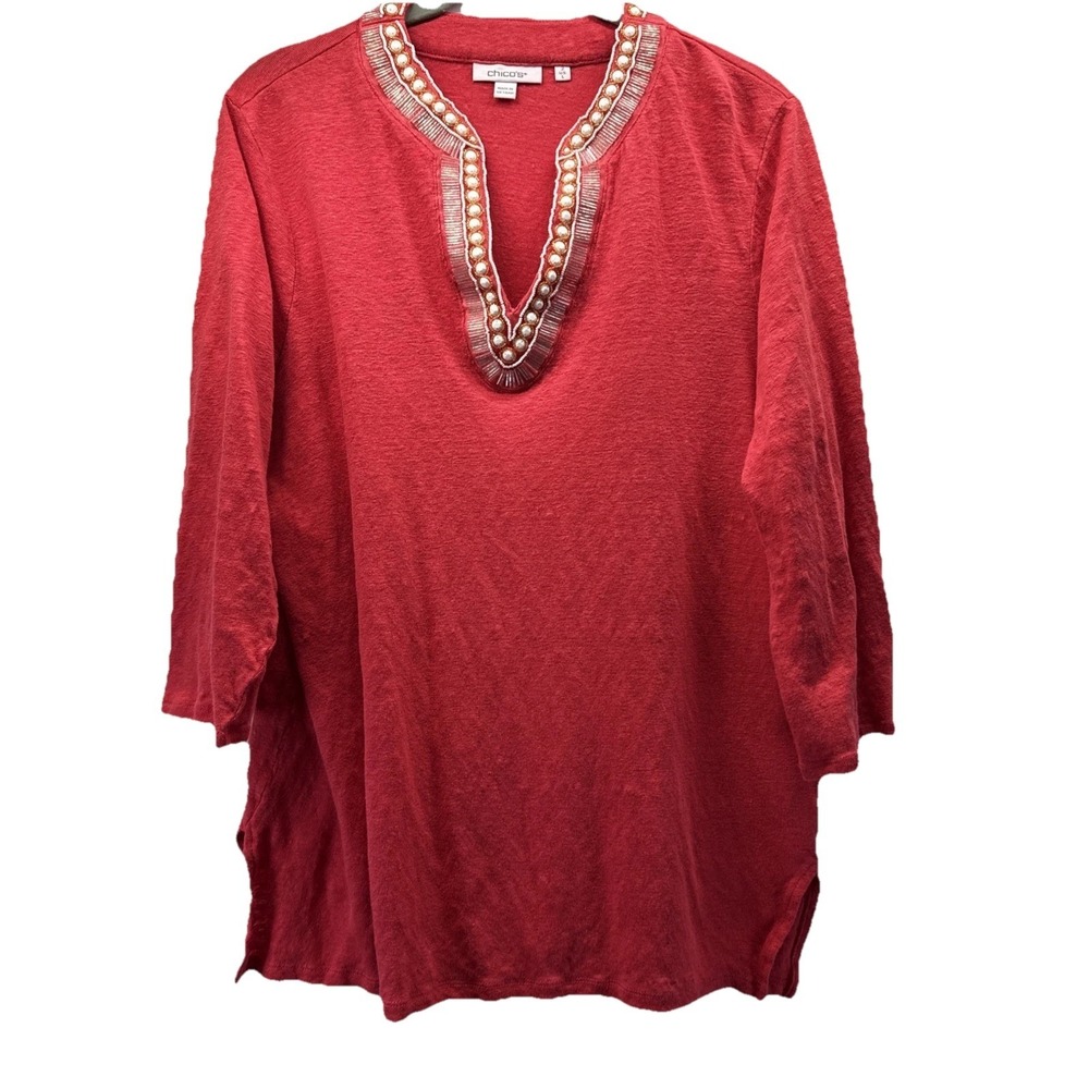 Chicos Womens Beaded Top Sz Large 100% Linen Solid Orange Gold Clear Beads Slits